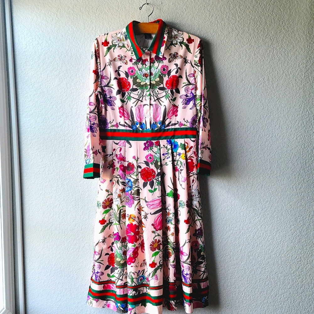 Long sleeve Floral Button Up Pleated Midi Dress